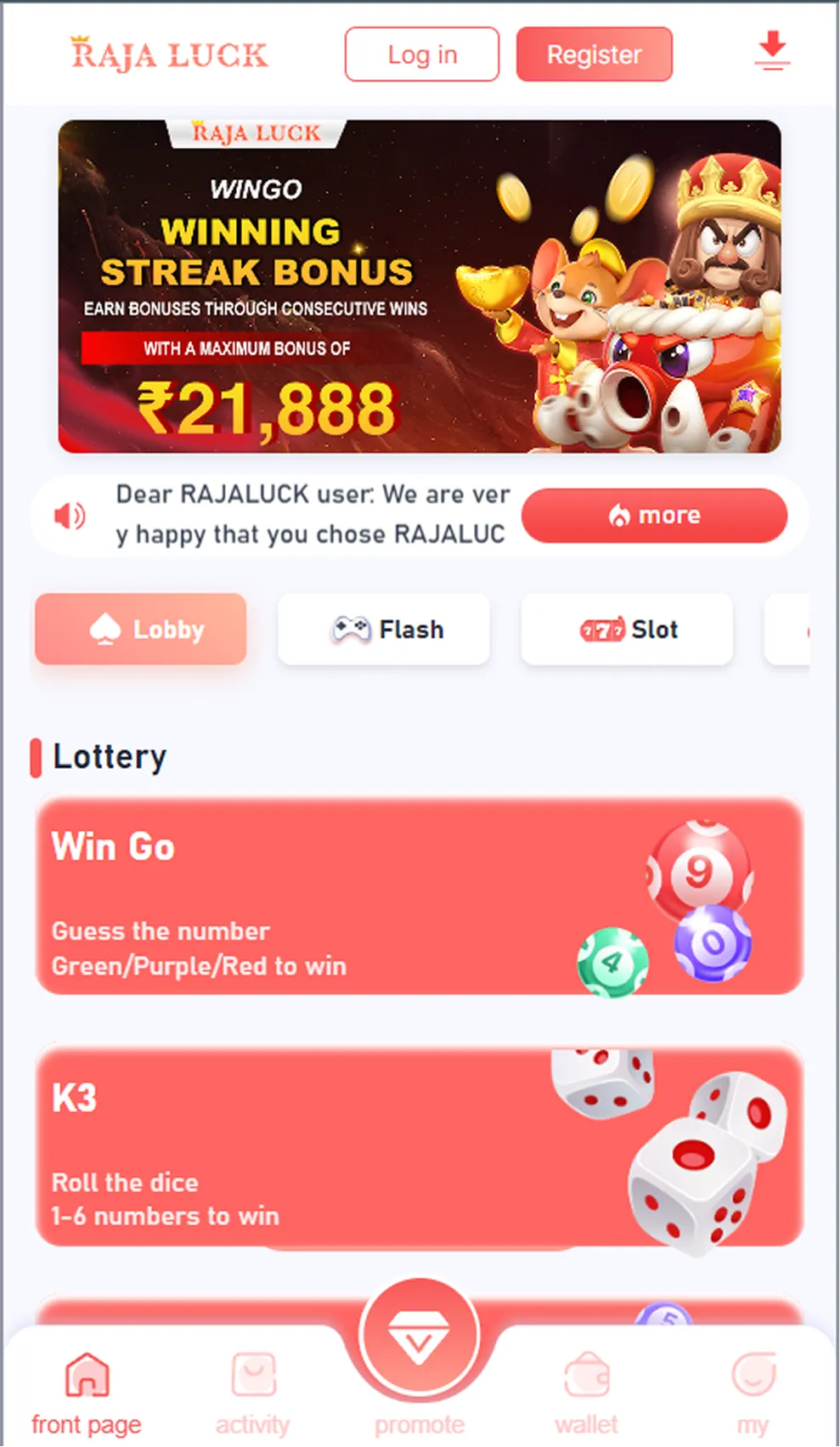 Raja Luck app interface